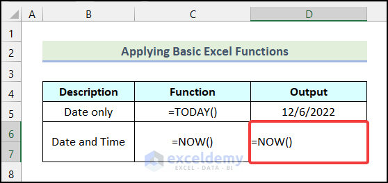 NOW Function to insert a date in Excel