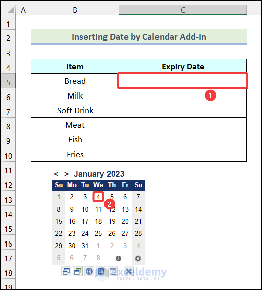 Inserting dates from the calendar in Excel