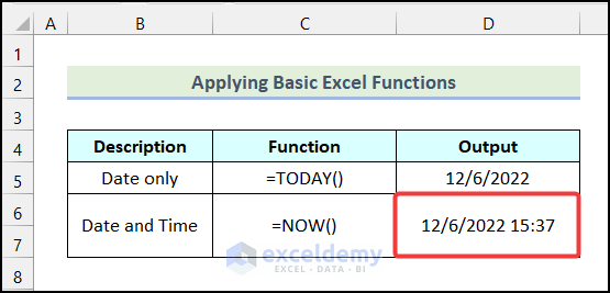 Final output of method 2 to insert a date in Excel