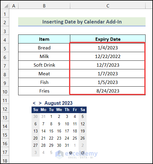Final output of method 7 to insert date in excel