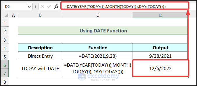 Final output of method 3 to insert a date in Excel