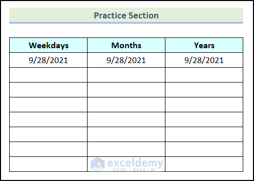 Practice section to insert date in excel