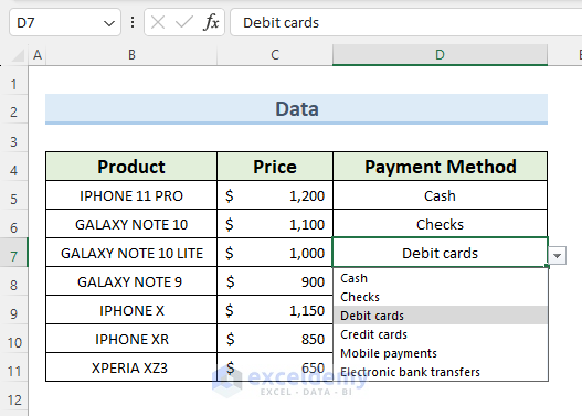 data table containing drop-down lists in a column