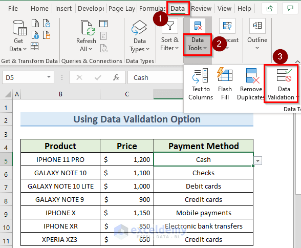 navigating to Data Validation from the Data tab