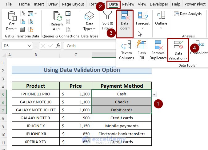 navigating to Data Validation from the Data tab