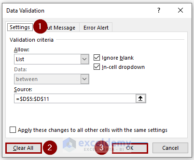 configuring Data Validation setting to clear drop-down list