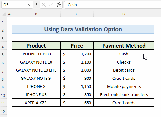 result of using Data Validation to remove drop-down list in Excel