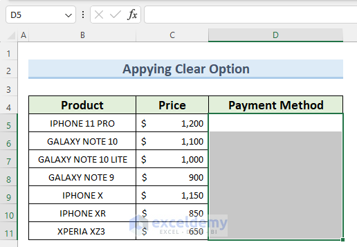 result of using Clear All to remove drop-down list in Excel
