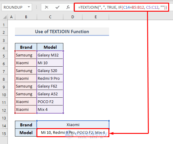 textjoin function to lookup and return multiple values concatenated into one cell in excel