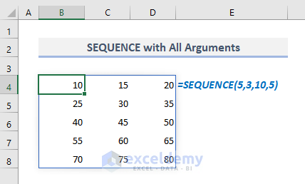 sequence function with four or all arguments in excel