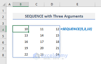 sequence function with two arguments in excel