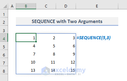 sequence function with two arguments in excel