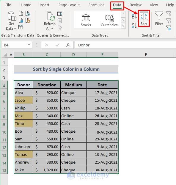 sort by single color in excel