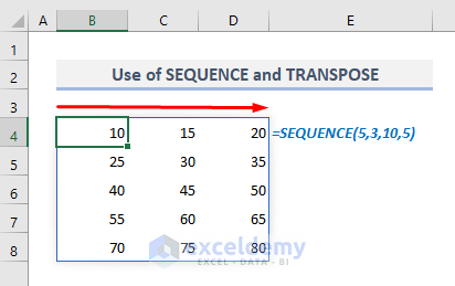use of sequence and transpose in excel
