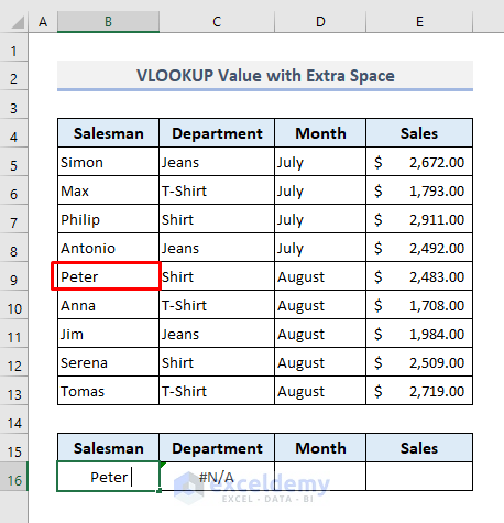 VLOOKUP a Value Containing Extra Space(s) in Excel