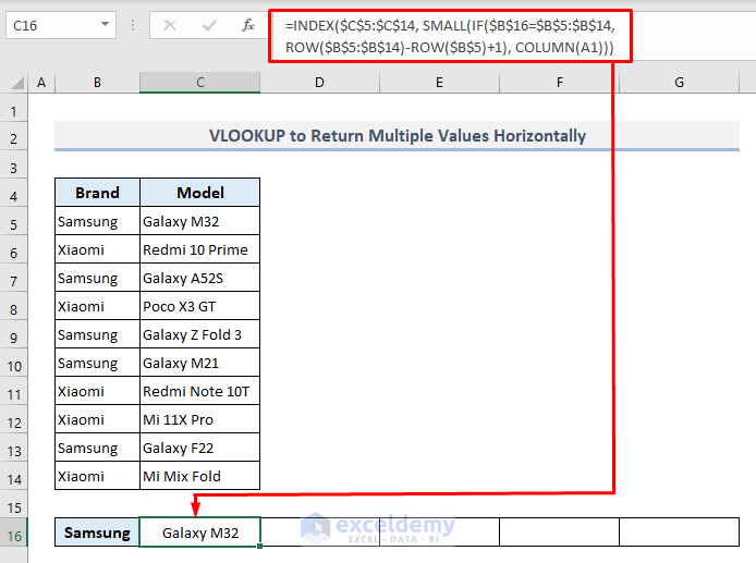 use of index if small functions to vlookup and return multiple values horizontally in excel