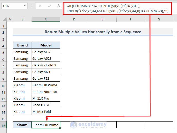 vlookup and return multiple values horizontally in excel from a sequence of data