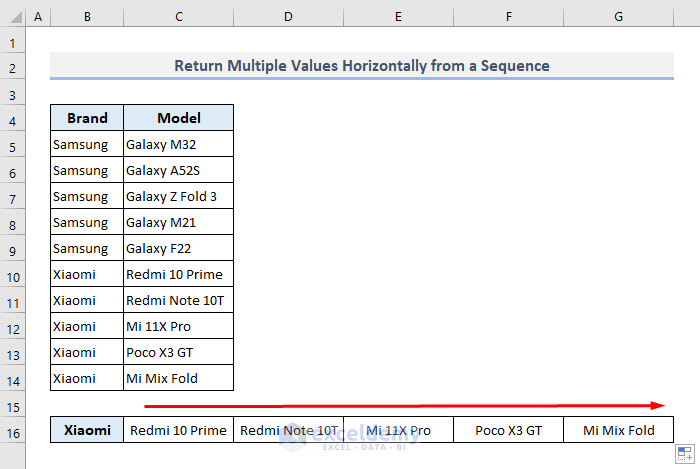 vlookup and return multiple values horizontally in excel from a sequence of data