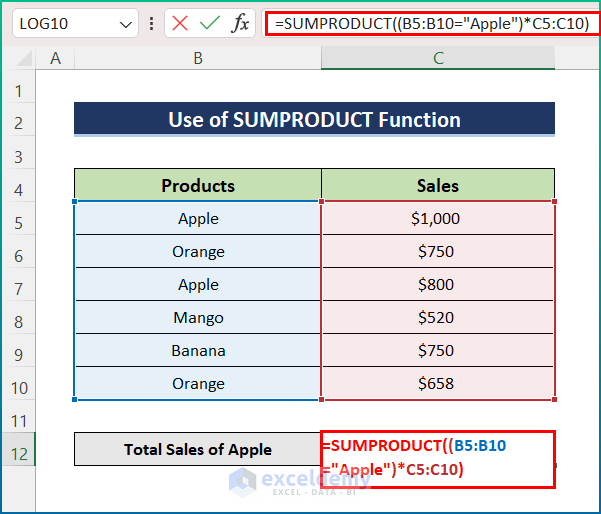 Insert SUMPRODUCT Function to VLOOKUP and Sum for Multiple Rows in Excel
