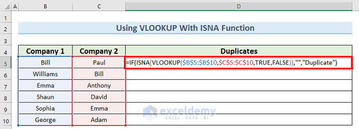 isna function to use VLOOKUP to find duplicates in two columns