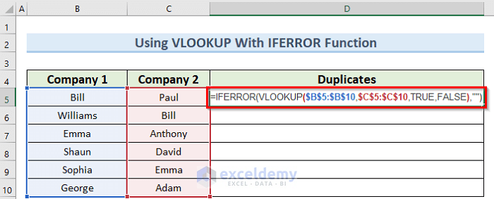 iferror function to use VLOOKUP to find duplicates in two columns