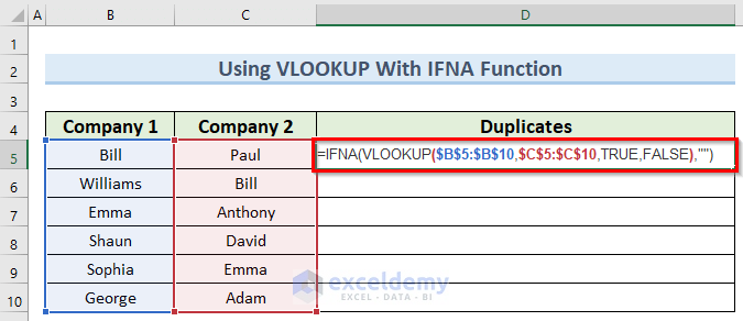 ifna function to use VLOOKUP to find duplicates in two columns