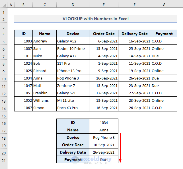 Basic Example of Applying VLOOKUP Function with Numbers