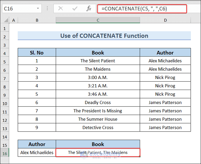 Use Concatenate function to merge rows in excel