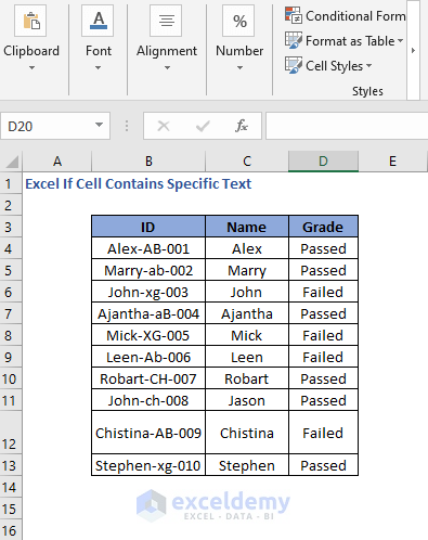 Dataset - Excel If Cell Contains Specific Text