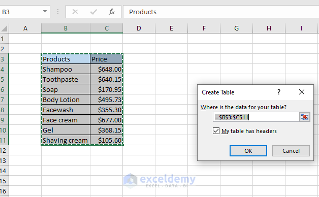 Excel table to find sum in a column