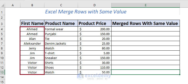 Merged multiple same valued rows using formula