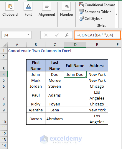 CONCAT Formula result - Concatenate Two Columns In Excel