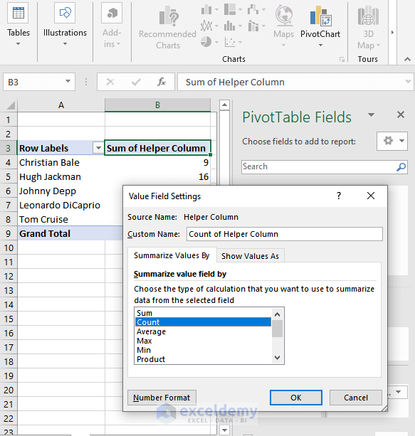 Select Count from Value Field settings dialog box