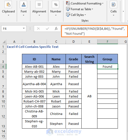 Result of IF FIND Formula code to check cell contains specific text 