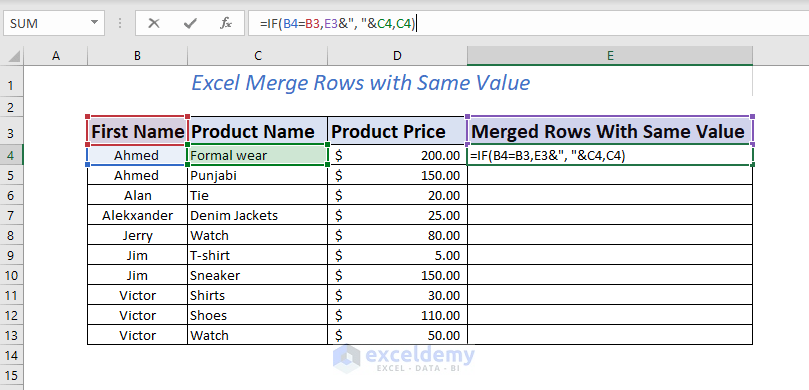 Merging multiple rows with same value using formula