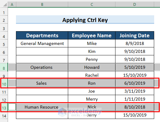 Using Ctrl Key to Select Multiple Non-Adjacent Rows in Excel