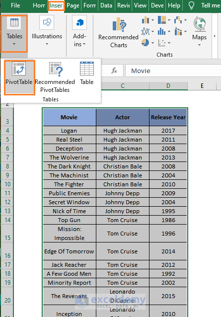 Select Pivot Table for data