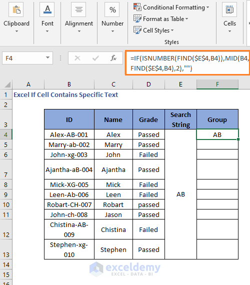 Result of IF MID FIND Formula code to check cell contains specific text 