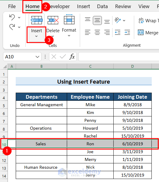 Selecting Drop-down Option for Insert to Add New Row in Excel