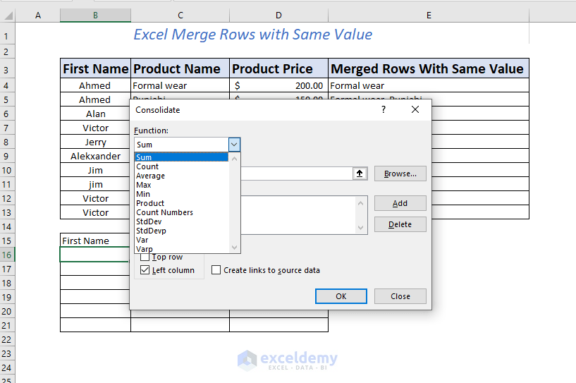 Merged multiple same valued rows using consolidate