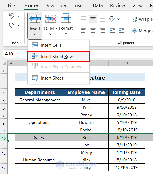 Selecting Insert Sheet Rows to Add Row in Excel