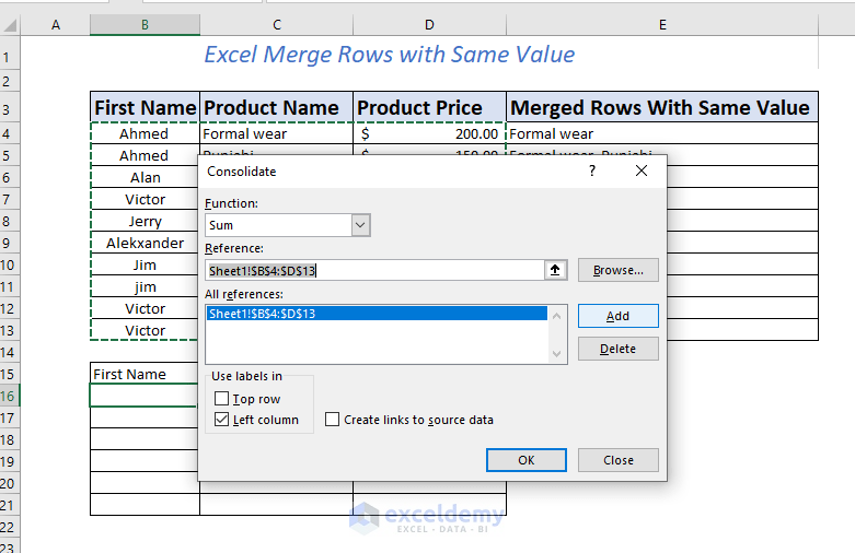 Merged multiple same valued rows using consolidate