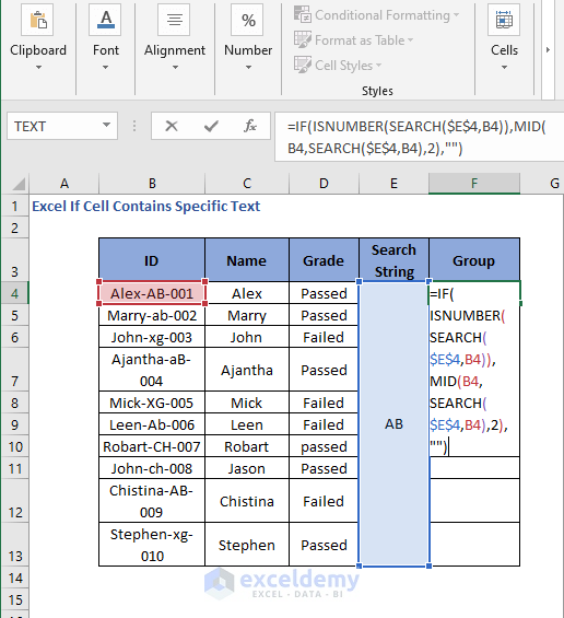 IF MID SEARCH Formula code to check cell contains specific text 