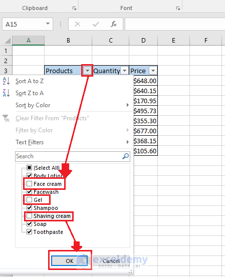 Filtering selected cells to find sum in the column
