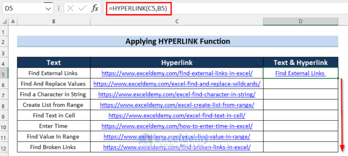 Dragging Fill Handle down to Copy Formula to Combine Text and Hyperlink in Excel Cell