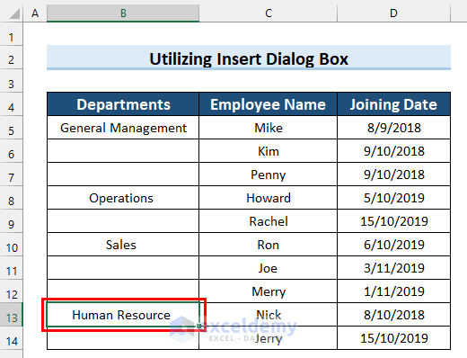Selecting Cell to Insert Row Before It in Excel