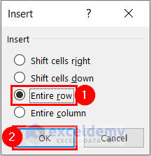 Selecting Entire Row on Insert Dialog Box to Add New Row in Excel