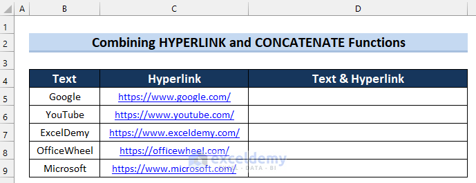 Combine HYPERLINK and CONCATENATE Functions to Join Text and Hyperlink in Excel Cell