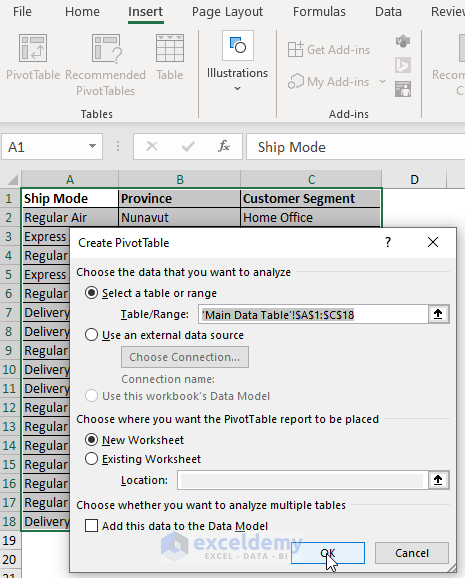Create PivotTable dialog box