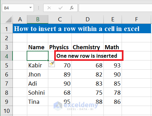 Using Cell Insert One Row is inserted